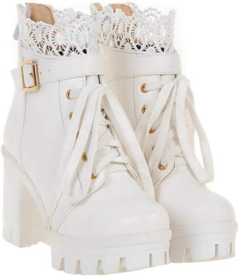 1 Pair Women Ankle Booties PU Platform Lace Up Chunky High Heels Boots Chelsea Boot Short Ankle Rain Boots Waterproof Booties