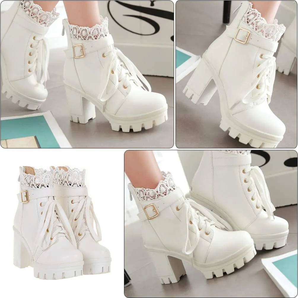 1 Pair Women Ankle Booties PU Platform Lace Up Chunky High Heels Boots Chelsea Boot Short Ankle Rain Boots Waterproof Booties