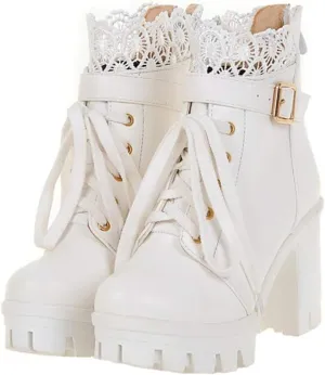 1 Pair Women Ankle Booties PU Platform Lace Up Chunky High Heels Boots Chelsea Boot Short Ankle Rain Boots Waterproof Booties