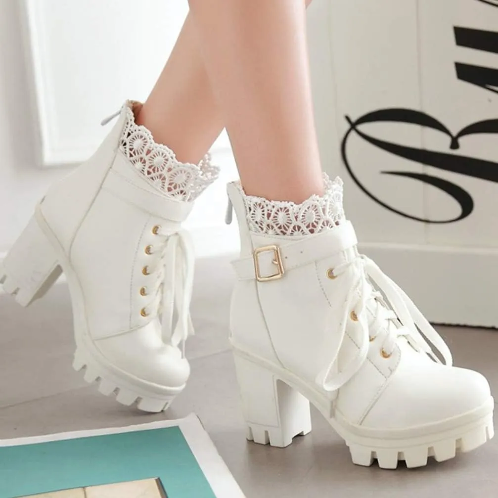 1 Pair Women Ankle Booties PU Platform Lace Up Chunky High Heels Boots Chelsea Boot Short Ankle Rain Boots Waterproof Booties