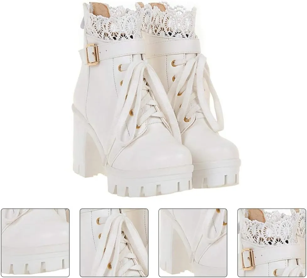 1 Pair Women Ankle Booties PU Platform Lace Up Chunky High Heels Boots Chelsea Boot Short Ankle Rain Boots Waterproof Booties