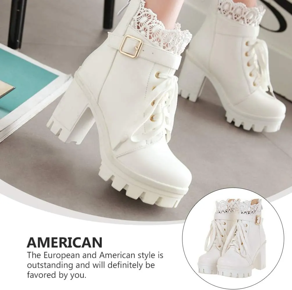 1 Pair Women Ankle Booties PU Platform Lace Up Chunky High Heels Boots Chelsea Boot Short Ankle Rain Boots Waterproof Booties