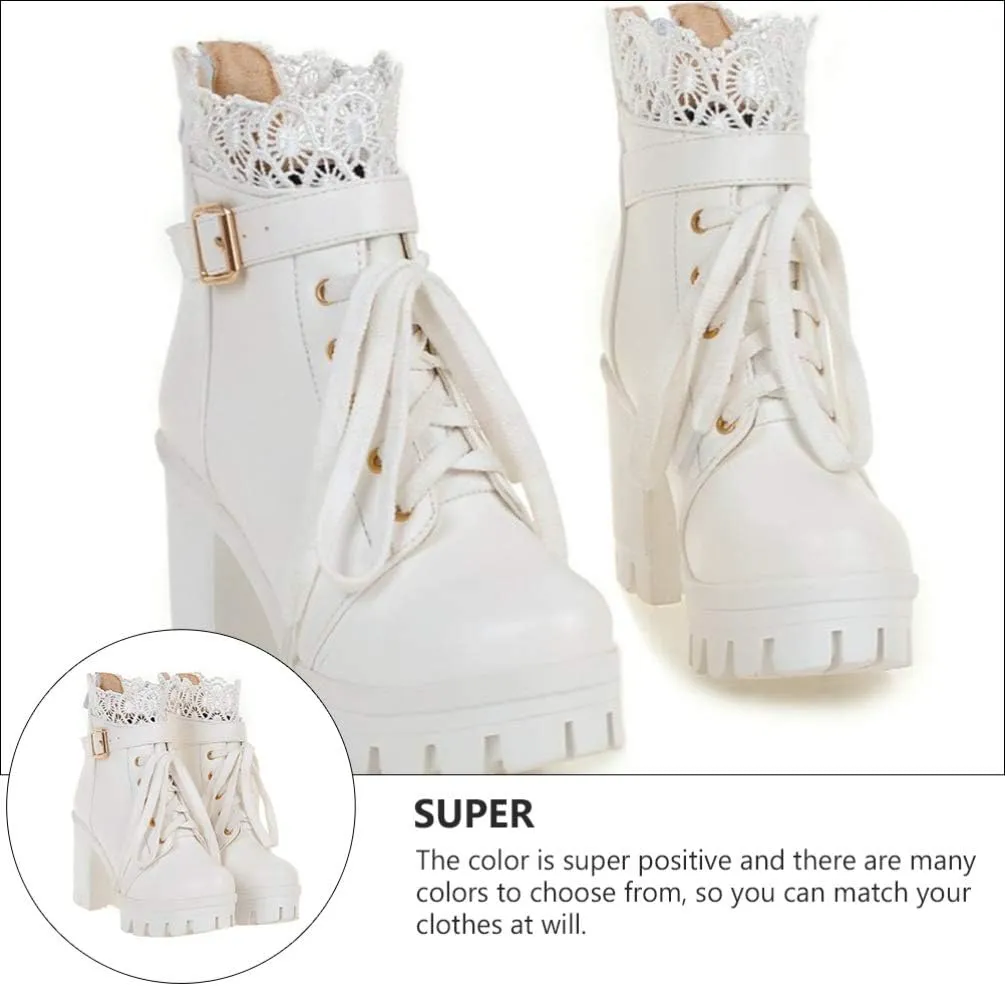 1 Pair Women Ankle Booties PU Platform Lace Up Chunky High Heels Boots Chelsea Boot Short Ankle Rain Boots Waterproof Booties