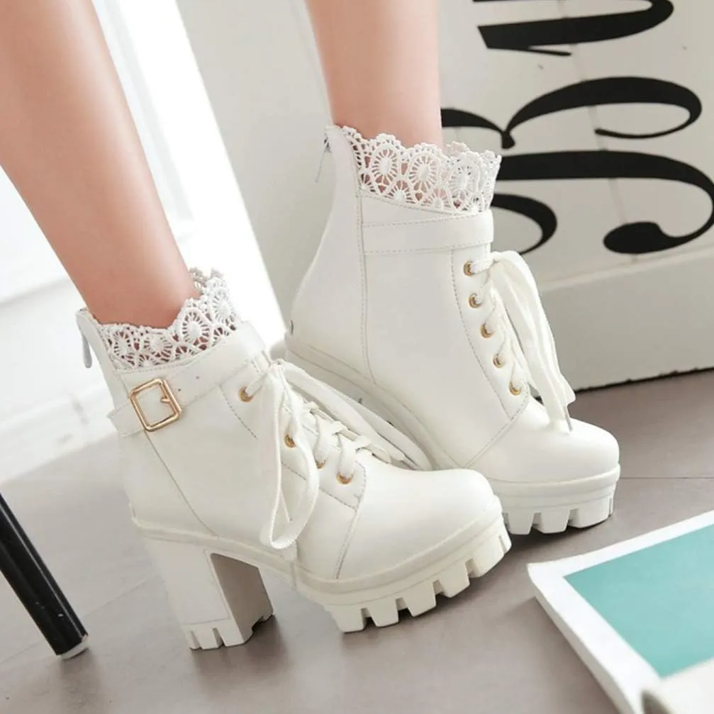 1 Pair Women Ankle Booties PU Platform Lace Up Chunky High Heels Boots Chelsea Boot Short Ankle Rain Boots Waterproof Booties