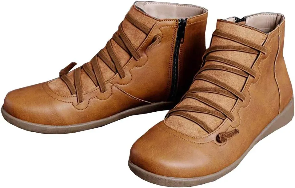 Acrossage Women Arch Support Boots Comfortable Ankle Wedge Short Booties Fashion Leather Waterproof Slip On Boots