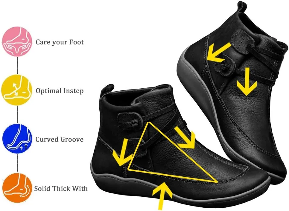 Acrossage Women Arch Support Boots Comfortable Ankle Wedge Short Booties Fashion Leather Waterproof Slip On Boots