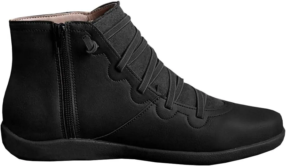 Acrossage Women Arch Support Boots Comfortable Ankle Wedge Short Booties Fashion Leather Waterproof Slip On Boots