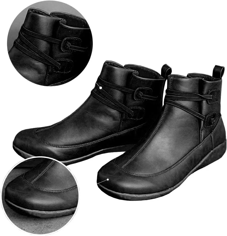 Acrossage Women Arch Support Boots Comfortable Ankle Wedge Short Booties Fashion Leather Waterproof Slip On Boots