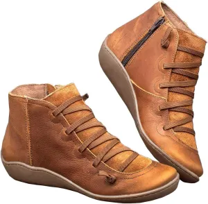 Acrossage Women Arch Support Boots Comfortable Ankle Wedge Short Booties Fashion Leather Waterproof Slip On Boots