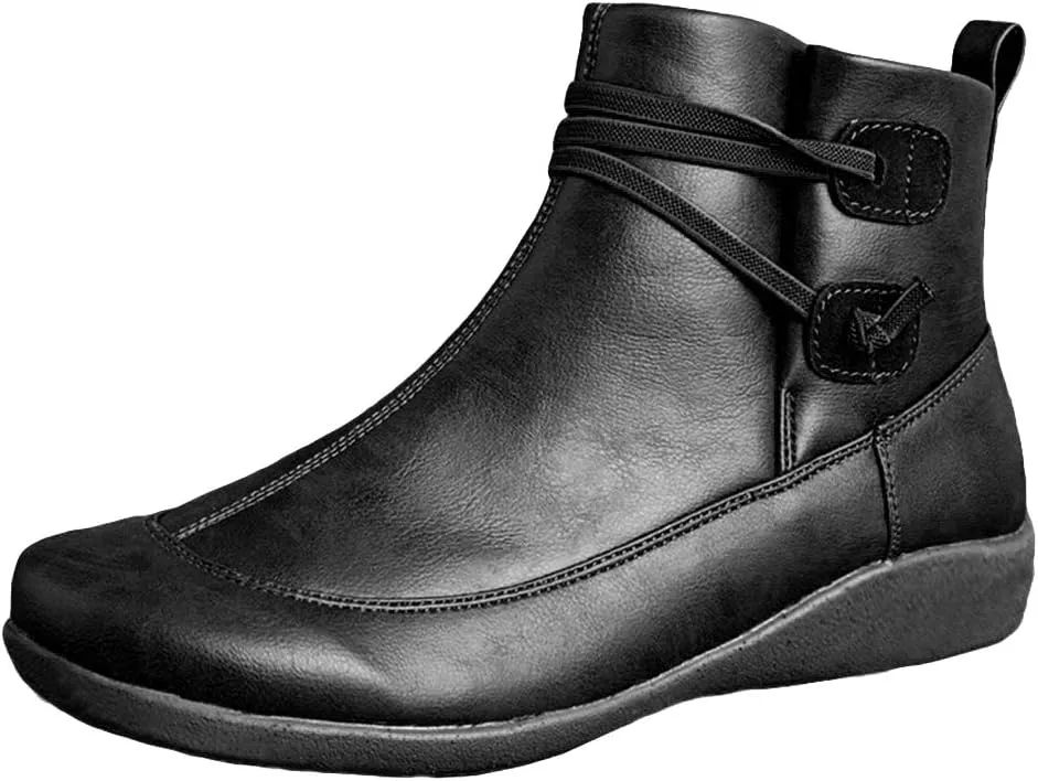 Acrossage Women Arch Support Boots Comfortable Ankle Wedge Short Booties Fashion Leather Waterproof Slip On Boots