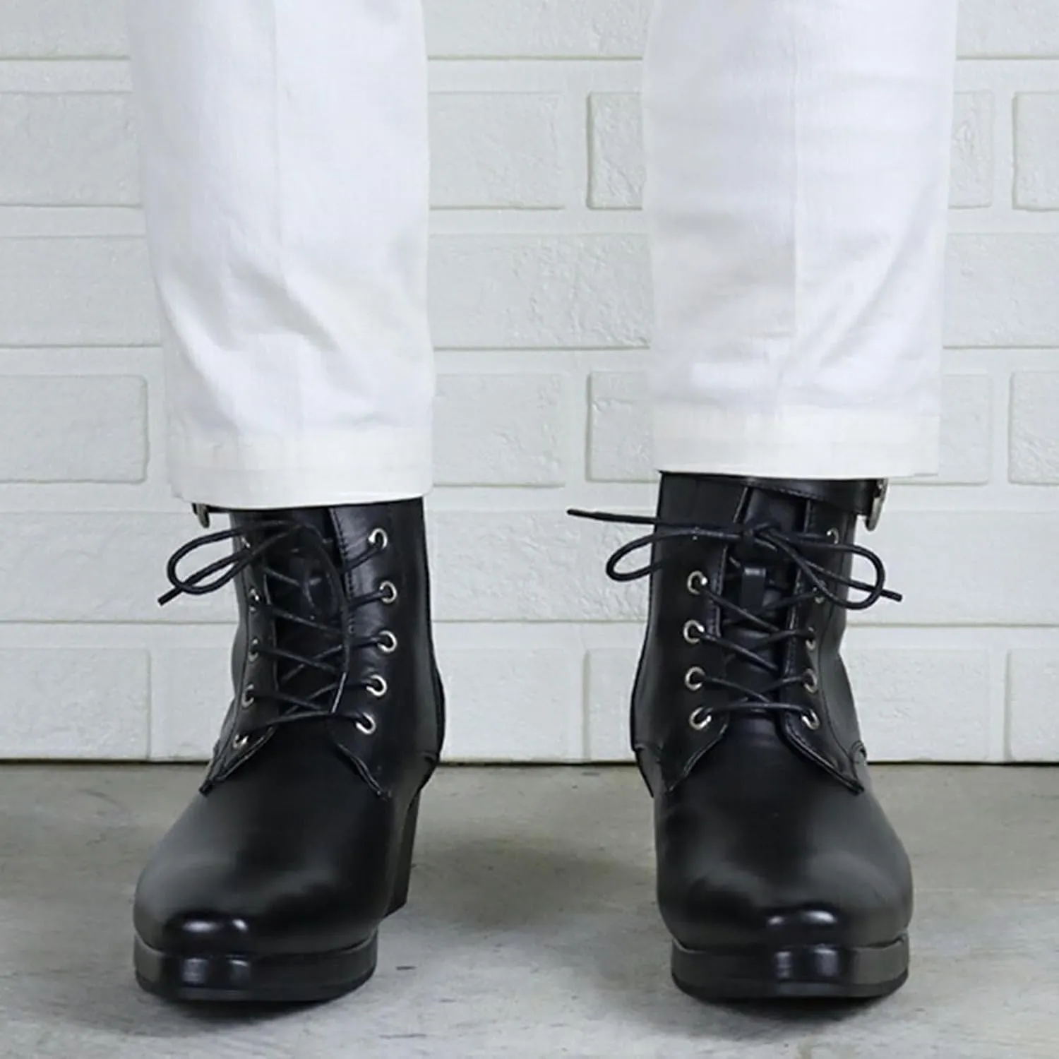 Ankle Boot for Men Heeled High Top Casual Boots Slip on Style PU Leather Side Zipper Taller Shoes