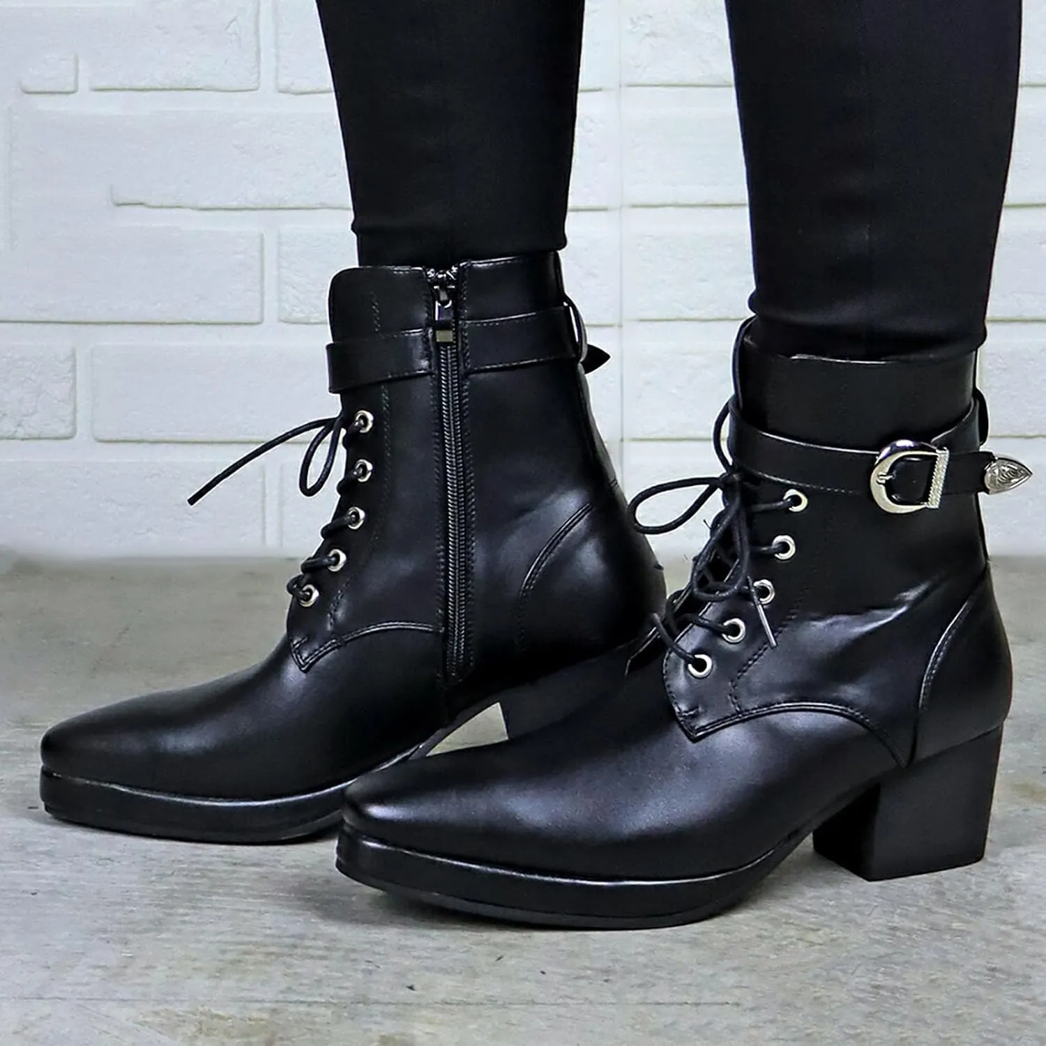 Ankle Boot for Men Heeled High Top Casual Boots Slip on Style PU Leather Side Zipper Taller Shoes