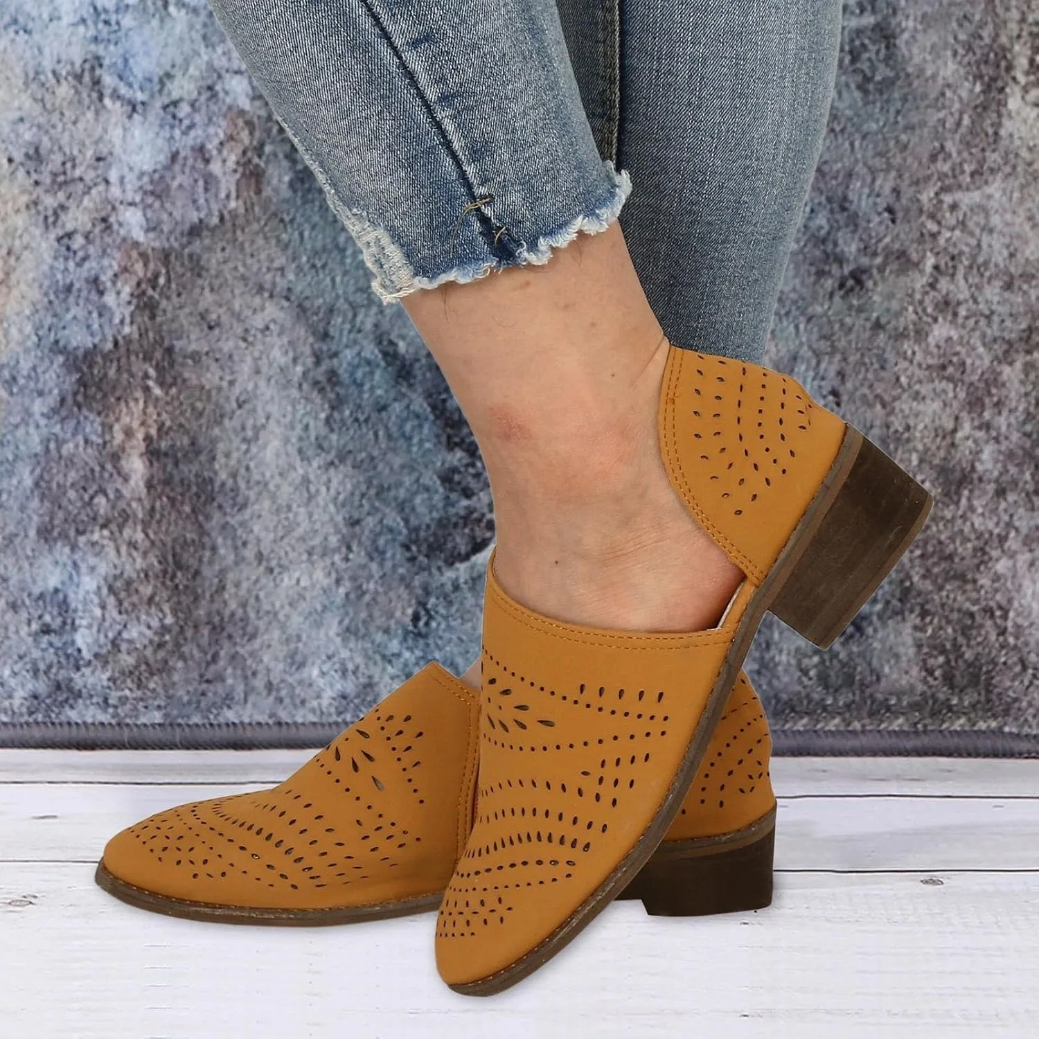 Ankle Boots for Women Women's Perforated Chunky Block Low Heel Shoes Office Dress Casual Fashion Booties with Pointed Toe