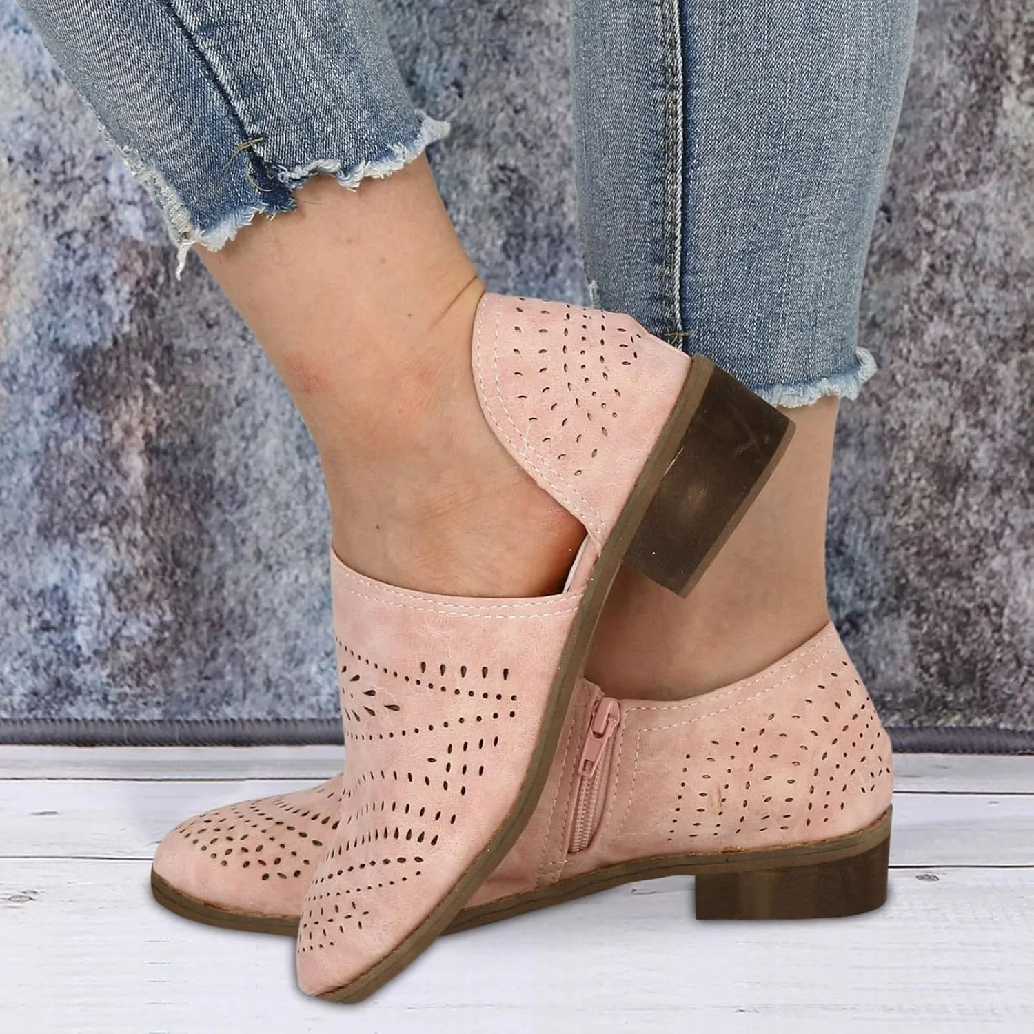 Ankle Boots for Women Women's Perforated Chunky Block Low Heel Shoes Office Dress Casual Fashion Booties with Pointed Toe