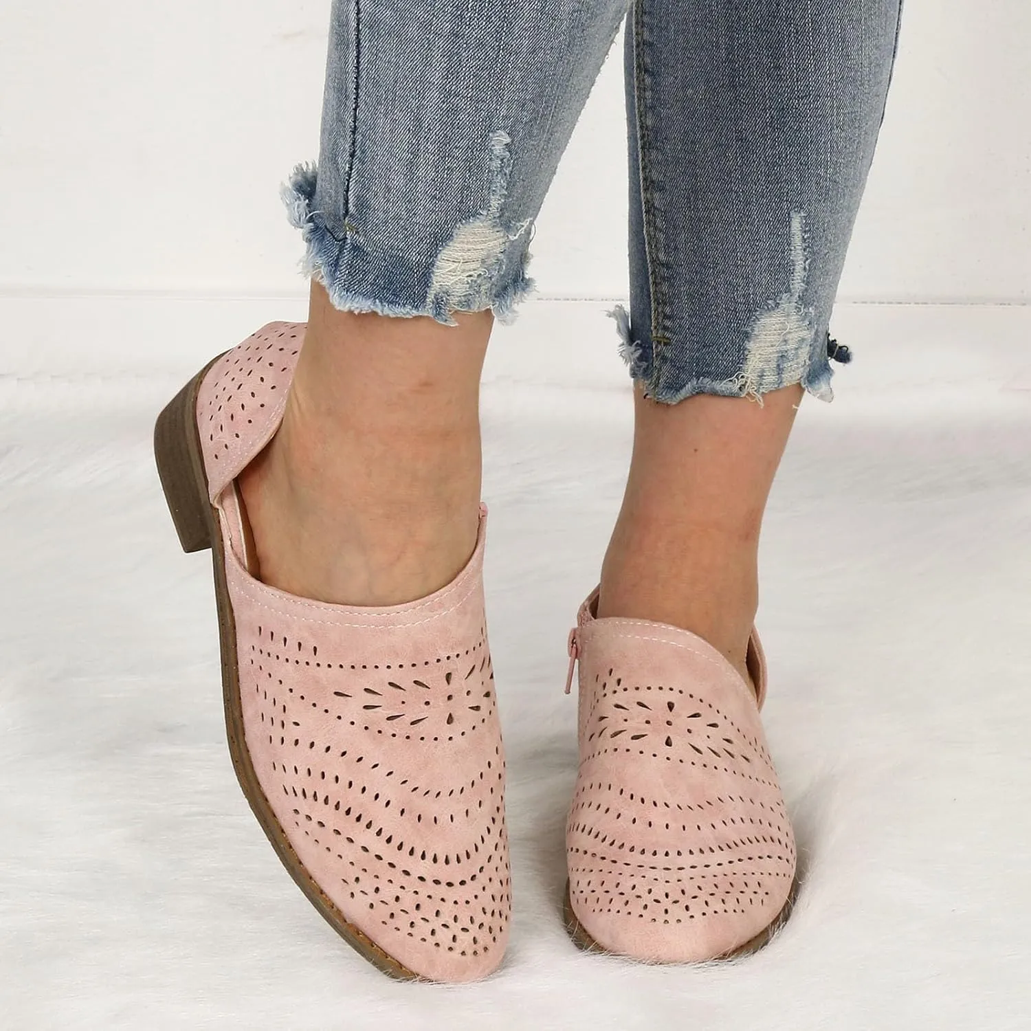 Ankle Boots for Women Women's Perforated Chunky Block Low Heel Shoes Office Dress Casual Fashion Booties with Pointed Toe