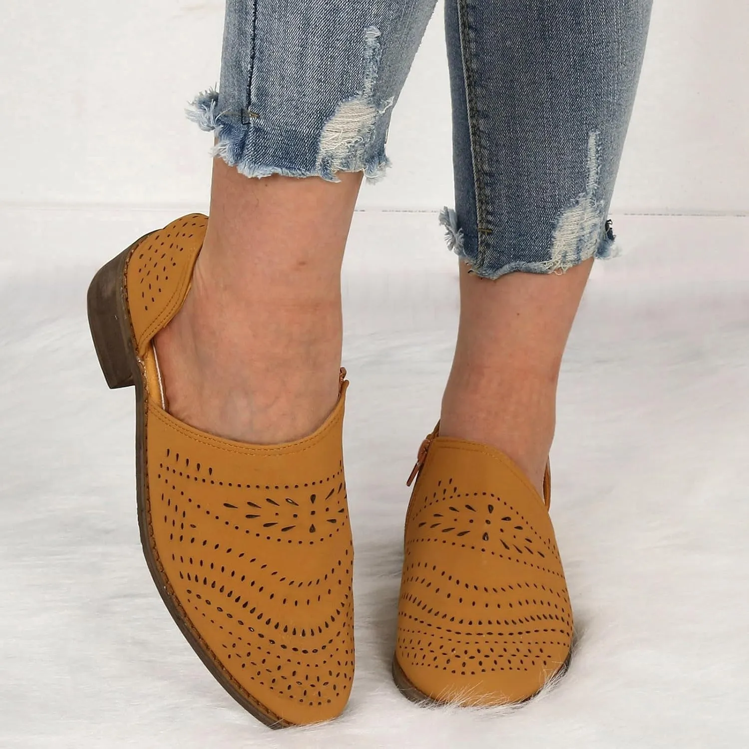 Ankle Boots for Women Women's Perforated Chunky Block Low Heel Shoes Office Dress Casual Fashion Booties with Pointed Toe