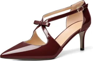 AUMOTED Women Criss Cross Heels Pointed Toe Slip On 2.5 Inch Stilettos High Heel Pumps Ankle Strap Adjustable with Buckle Leather Patent Fashion Dress Shoes for Casual Work US Size 5-13