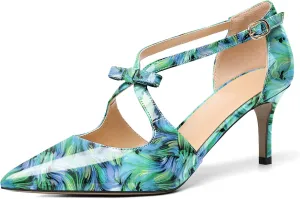 AUMOTED Women Criss Cross Heels Pointed Toe Slip On 2.5 Inch Stilettos High Heel Pumps Ankle Strap Adjustable with Buckle Leather Patent Fashion Dress Shoes for Casual Work US Size 5-13