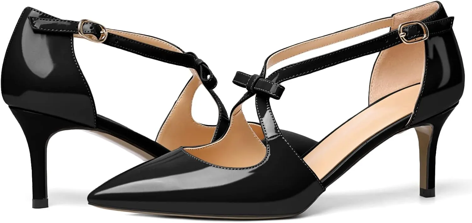 AUMOTED Women Criss Cross Heels Pointed Toe Slip On 2.5 Inch Stilettos High Heel Pumps Ankle Strap Adjustable with Buckle Leather Patent Fashion Dress Shoes for Casual Work US Size 5-13
