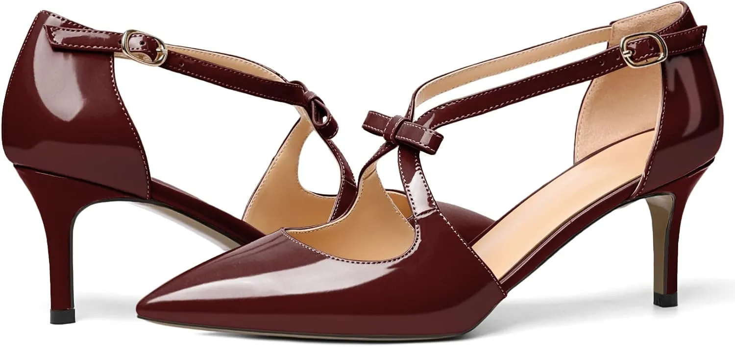 AUMOTED Women Criss Cross Heels Pointed Toe Slip On 2.5 Inch Stilettos High Heel Pumps Ankle Strap Adjustable with Buckle Leather Patent Fashion Dress Shoes for Casual Work US Size 5-13