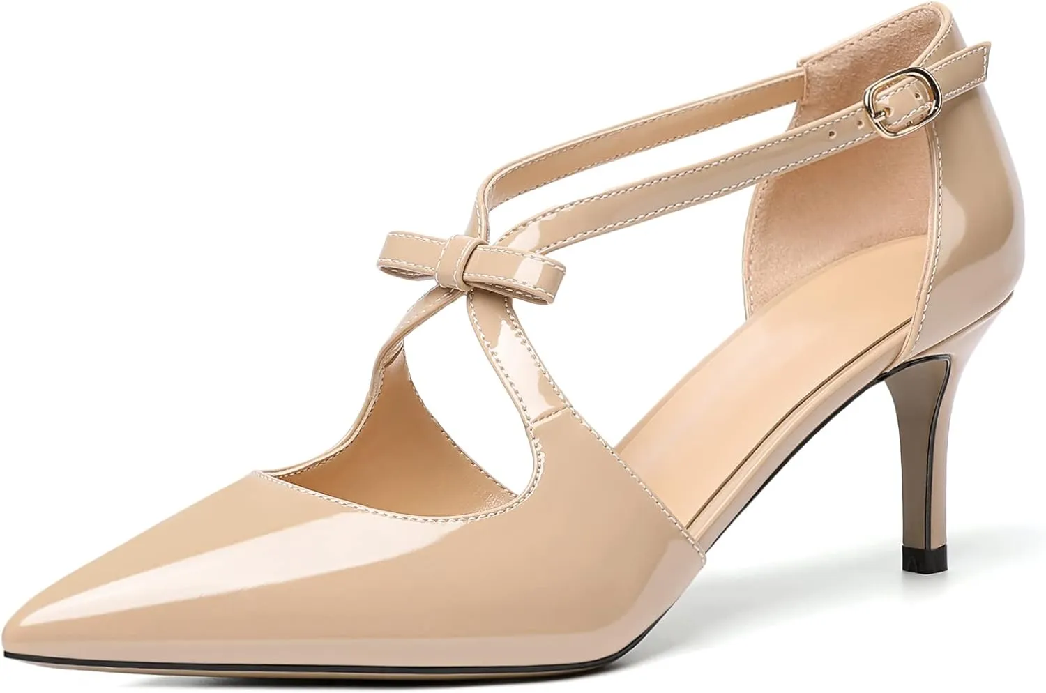 AUMOTED Women Criss Cross Heels Pointed Toe Slip On 2.5 Inch Stilettos High Heel Pumps Ankle Strap Adjustable with Buckle Leather Patent Fashion Dress Shoes for Casual Work US Size 5-13