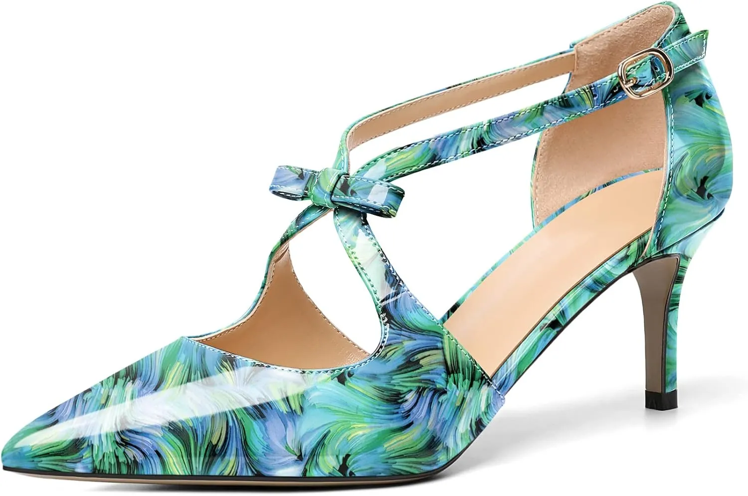 AUMOTED Women Criss Cross Heels Pointed Toe Slip On 2.5 Inch Stilettos High Heel Pumps Ankle Strap Adjustable with Buckle Leather Patent Fashion Dress Shoes for Casual Work US Size 5-13