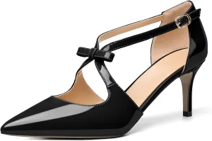 AUMOTED Women Criss Cross Heels Pointed Toe Slip On 2.5 Inch Stilettos High Heel Pumps Ankle Strap Adjustable with Buckle Leather Patent Fashion Dress Shoes for Casual Work US Size 5-13