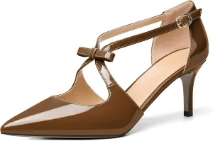 AUMOTED Women Criss Cross Heels Pointed Toe Slip On 2.5 Inch Stilettos High Heel Pumps Ankle Strap Adjustable with Buckle Leather Patent Fashion Dress Shoes for Casual Work US Size 5-13
