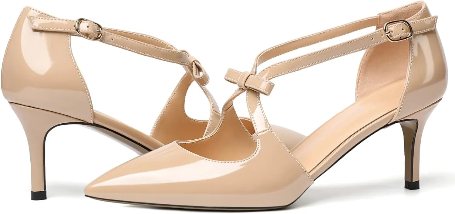 AUMOTED Women Criss Cross Heels Pointed Toe Slip On 2.5 Inch Stilettos High Heel Pumps Ankle Strap Adjustable with Buckle Leather Patent Fashion Dress Shoes for Casual Work US Size 5-13