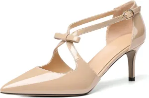 AUMOTED Women Criss Cross Heels Pointed Toe Slip On 2.5 Inch Stilettos High Heel Pumps Ankle Strap Adjustable with Buckle Leather Patent Fashion Dress Shoes for Casual Work US Size 5-13