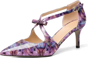AUMOTED Women Criss Cross Heels Pointed Toe Slip On 2.5 Inch Stilettos High Heel Pumps Ankle Strap Adjustable with Buckle Leather Patent Fashion Dress Shoes for Casual Work US Size 5-13