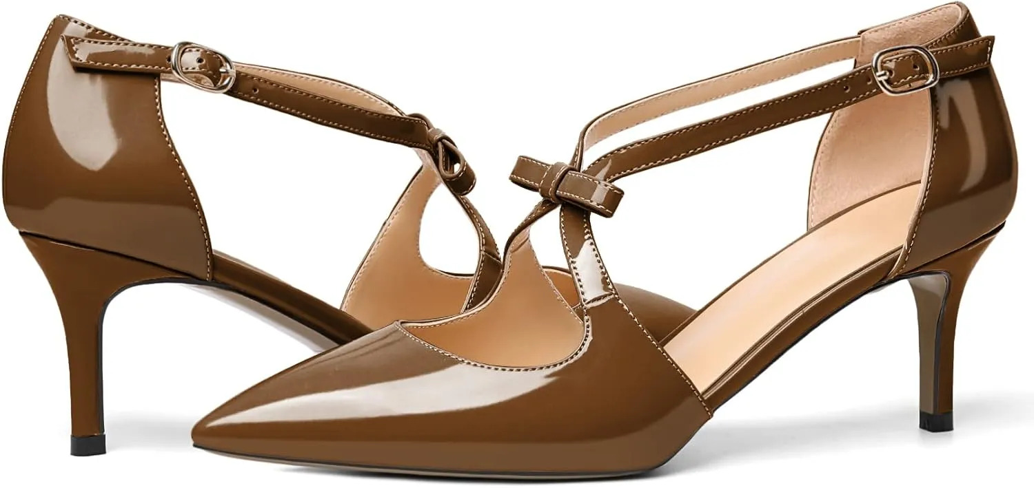 AUMOTED Women Criss Cross Heels Pointed Toe Slip On 2.5 Inch Stilettos High Heel Pumps Ankle Strap Adjustable with Buckle Leather Patent Fashion Dress Shoes for Casual Work US Size 5-13