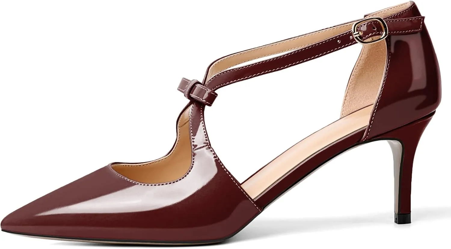 AUMOTED Women Criss Cross Heels Pointed Toe Slip On 2.5 Inch Stilettos High Heel Pumps Ankle Strap Adjustable with Buckle Leather Patent Fashion Dress Shoes for Casual Work US Size 5-13