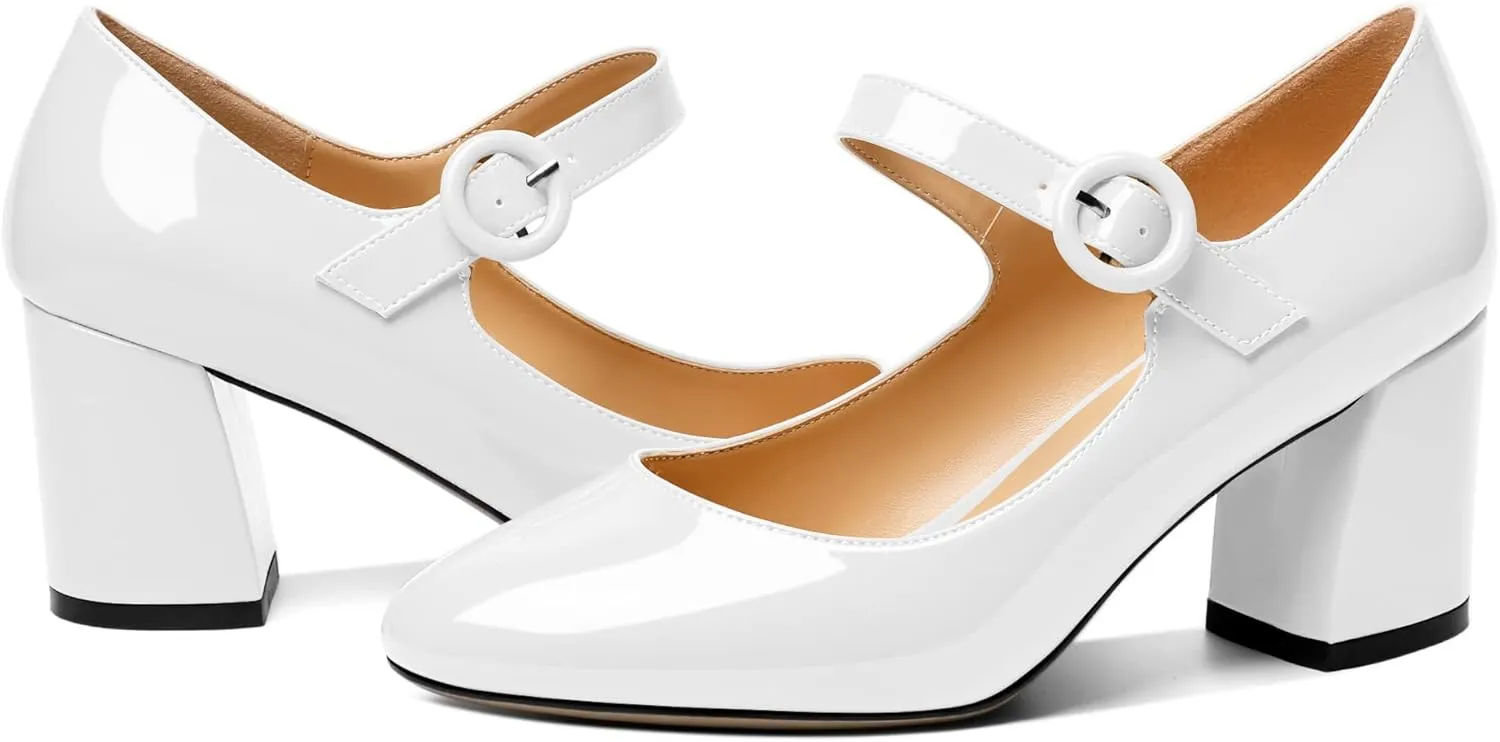 AUMOTED Women's Mary Jane Block Chunky Heels Pumps Close Round Toe Patent Heels Pumps 2.5 Inch Ladies Work Office Dress Shoes