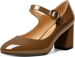 AUMOTED Women's Mary Jane Block Chunky Heels Pumps Close Round Toe Patent Heels Pumps 2.5 Inch Ladies Work Office Dress Shoes