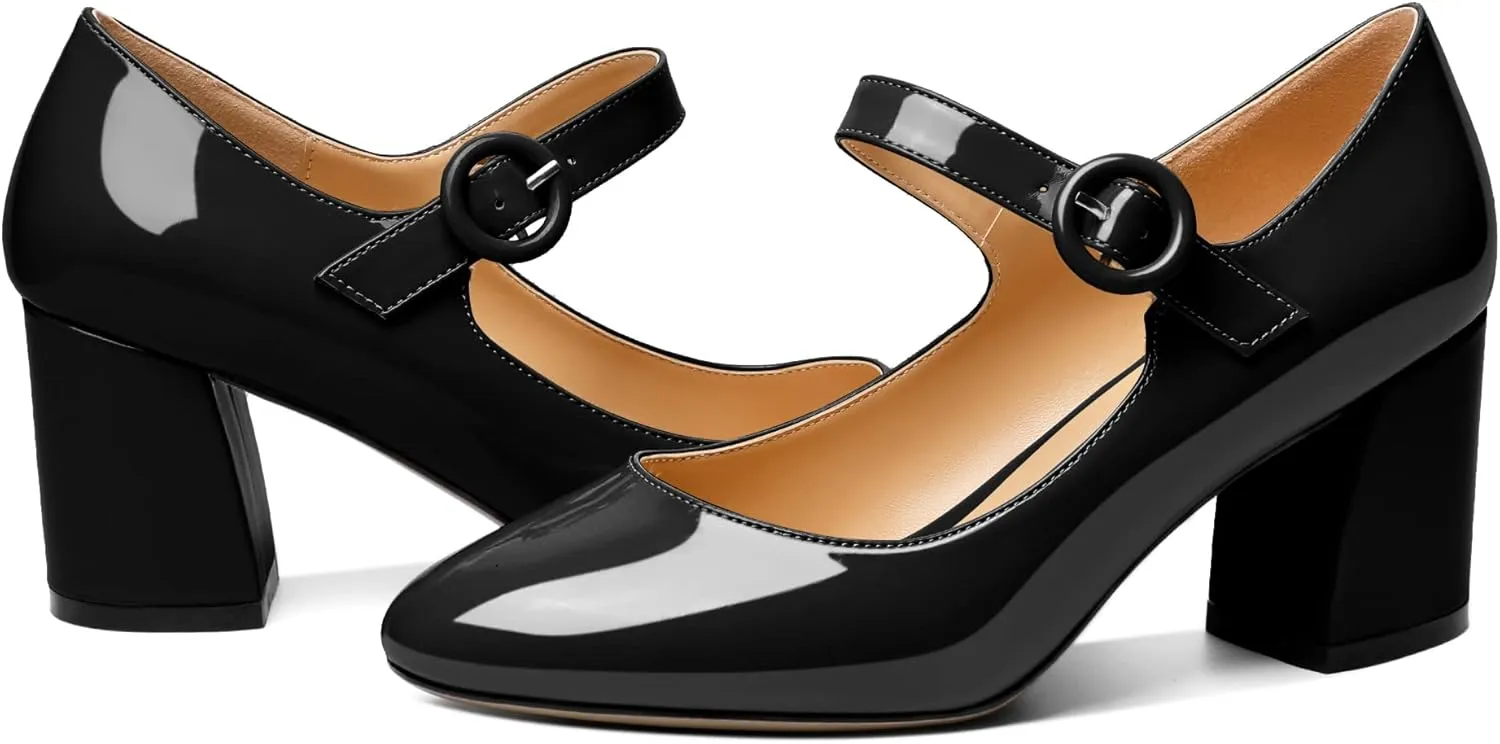 AUMOTED Women's Mary Jane Block Chunky Heels Pumps Close Round Toe Patent Heels Pumps 2.5 Inch Ladies Work Office Dress Shoes