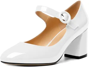 AUMOTED Women's Mary Jane Block Chunky Heels Pumps Close Round Toe Patent Heels Pumps 2.5 Inch Ladies Work Office Dress Shoes