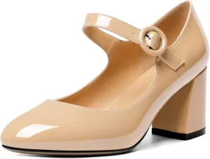 AUMOTED Women's Mary Jane Block Chunky Heels Pumps Close Round Toe Patent Heels Pumps 2.5 Inch Ladies Work Office Dress Shoes