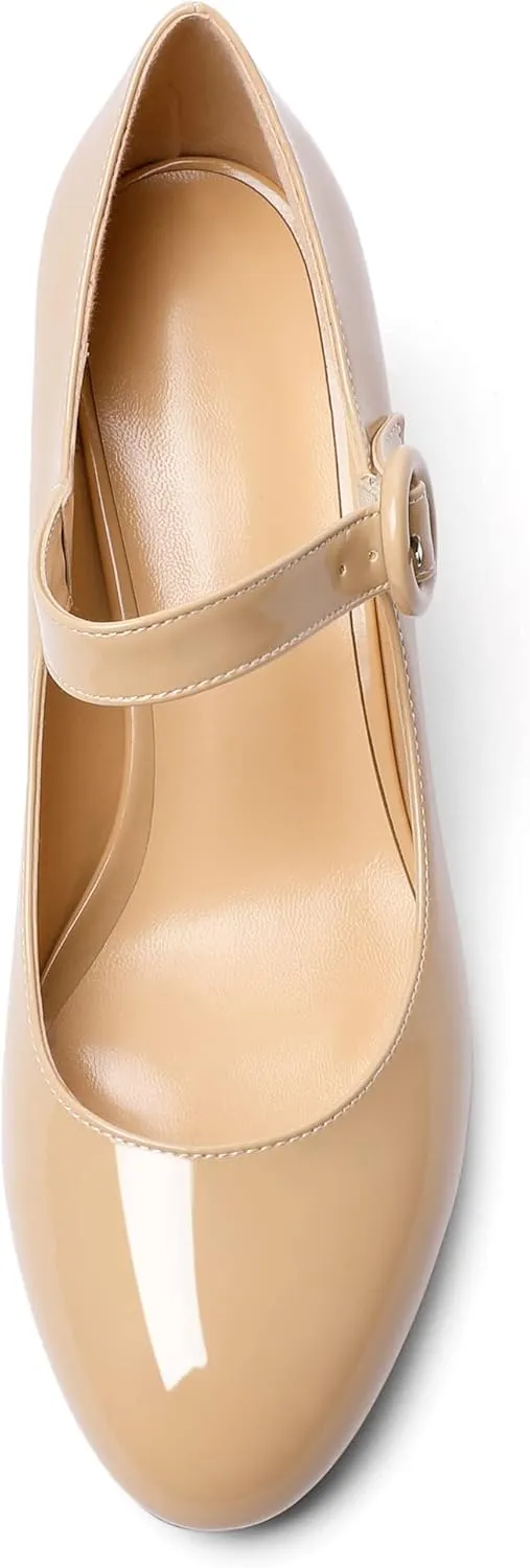 AUMOTED Women's Mary Jane Block Chunky Heels Pumps Close Round Toe Patent Heels Pumps 2.5 Inch Ladies Work Office Dress Shoes