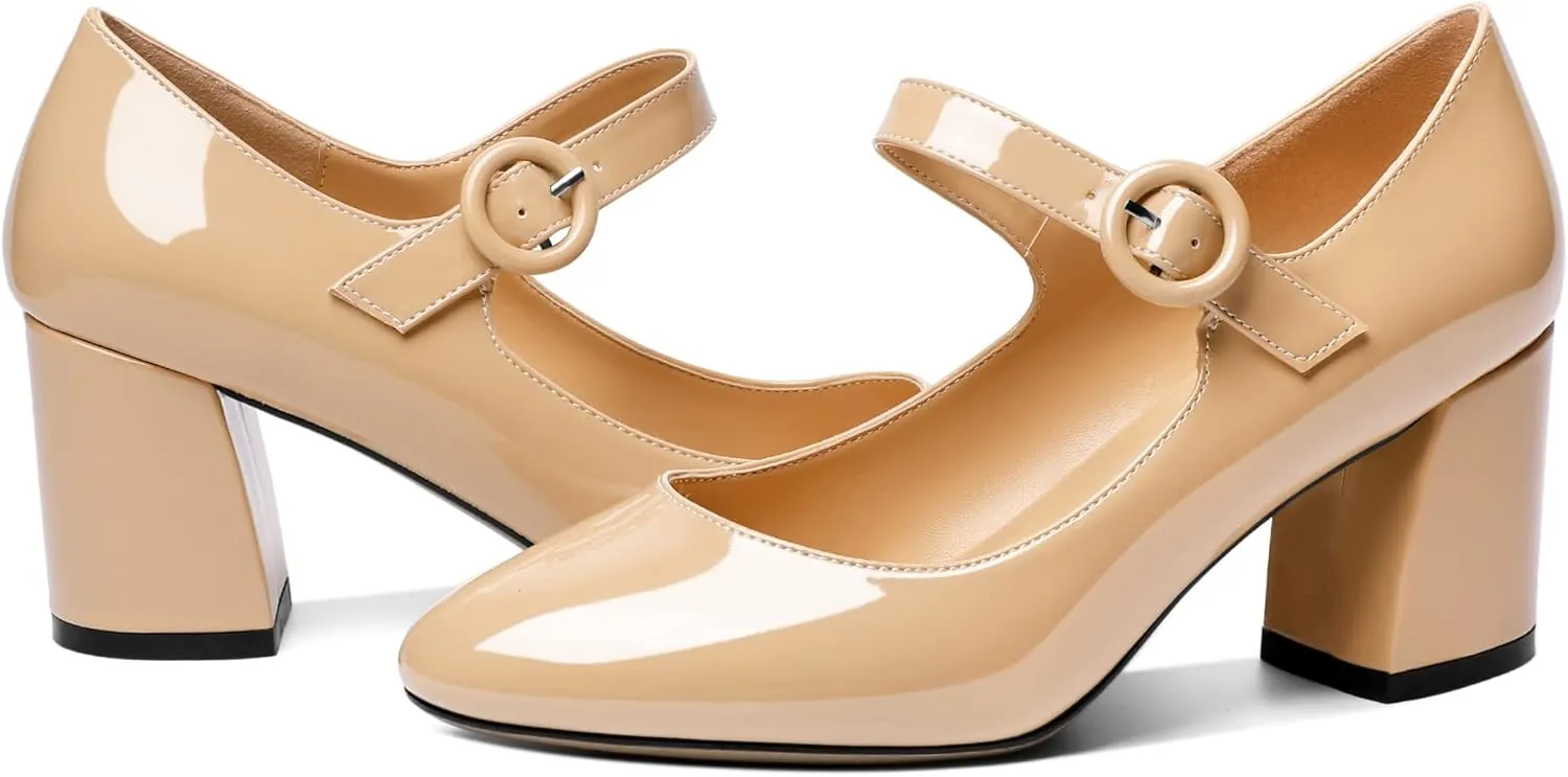 AUMOTED Women's Mary Jane Block Chunky Heels Pumps Close Round Toe Patent Heels Pumps 2.5 Inch Ladies Work Office Dress Shoes