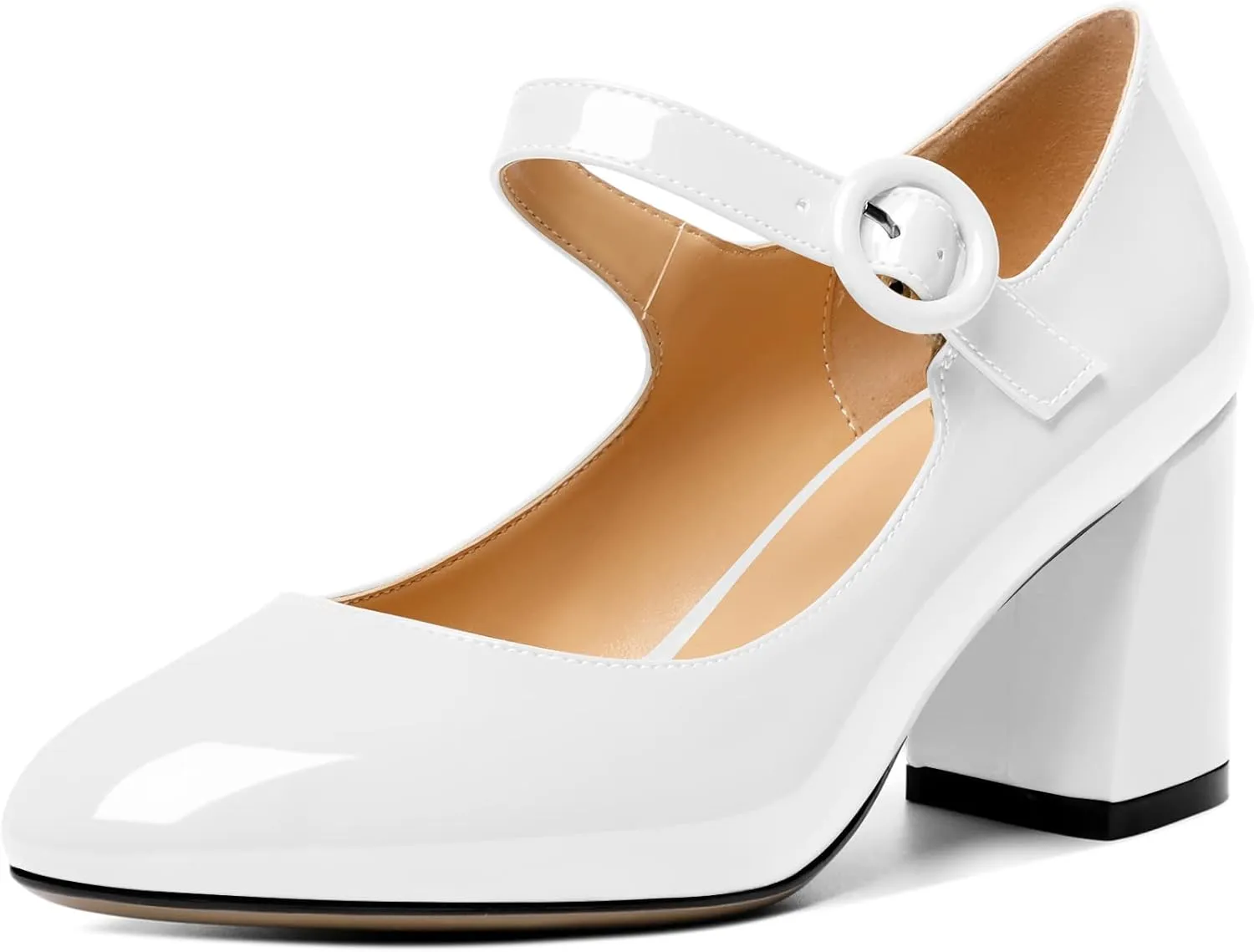 AUMOTED Women's Mary Jane Block Chunky Heels Pumps Close Round Toe Patent Heels Pumps 2.5 Inch Ladies Work Office Dress Shoes
