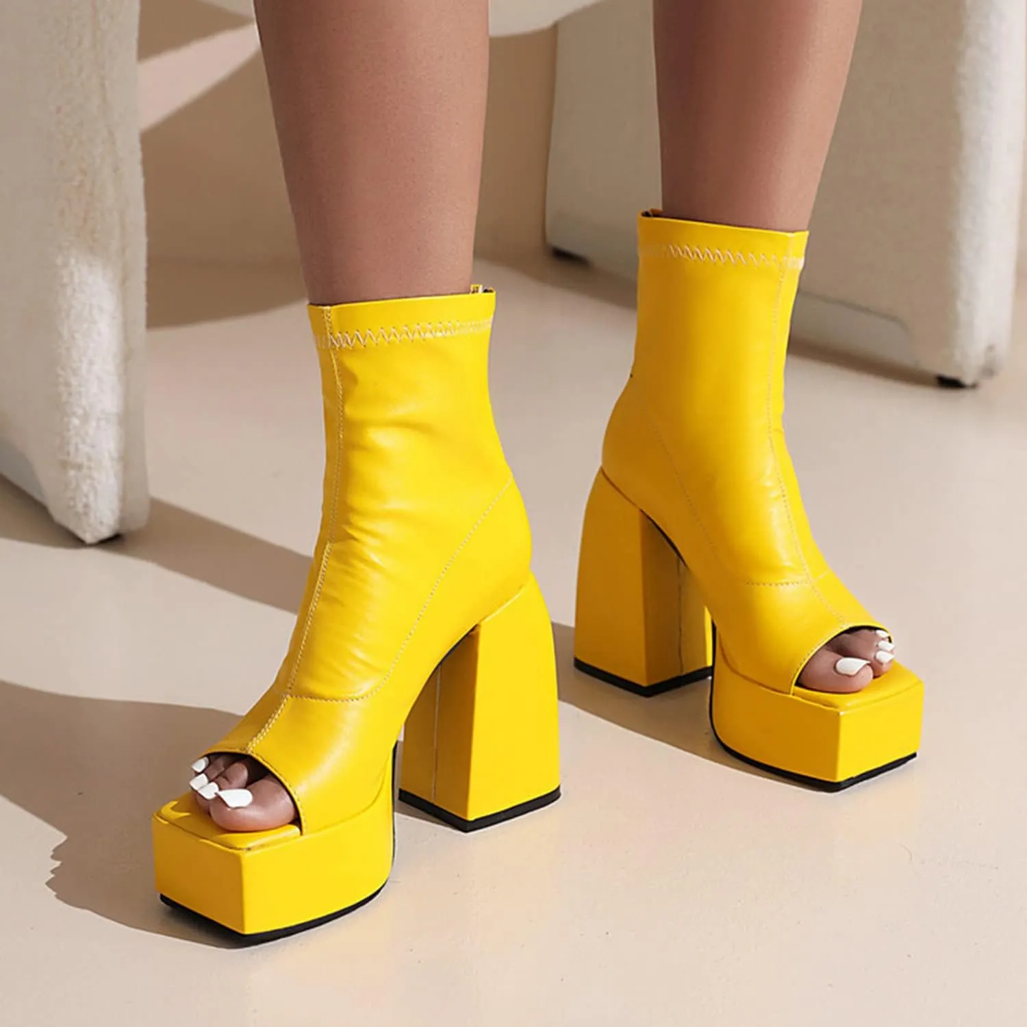 bbruriy Punk Platform Boots for Women Peep Square Toe Chunky High Heel Ankle Boots Block Heel Party Boots Rear Zipper Fashion Dress Party Prom Booties