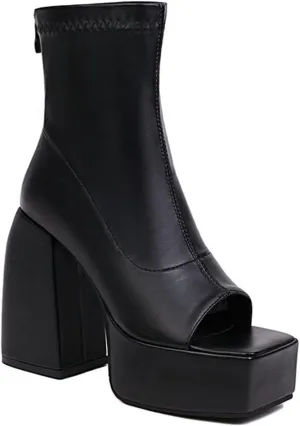 bbruriy Punk Platform Boots for Women Peep Square Toe Chunky High Heel Ankle Boots Block Heel Party Boots Rear Zipper Fashion Dress Party Prom Booties