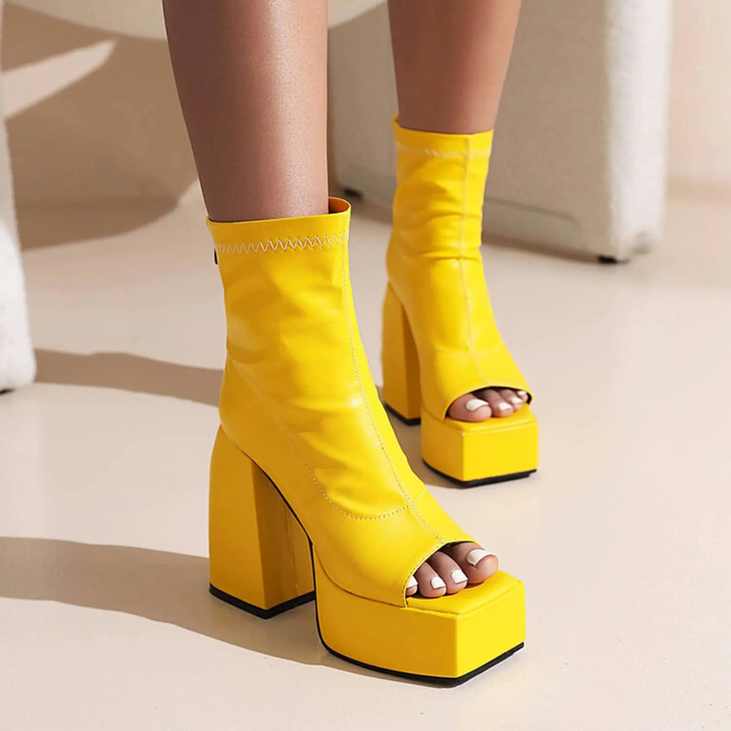bbruriy Punk Platform Boots for Women Peep Square Toe Chunky High Heel Ankle Boots Block Heel Party Boots Rear Zipper Fashion Dress Party Prom Booties