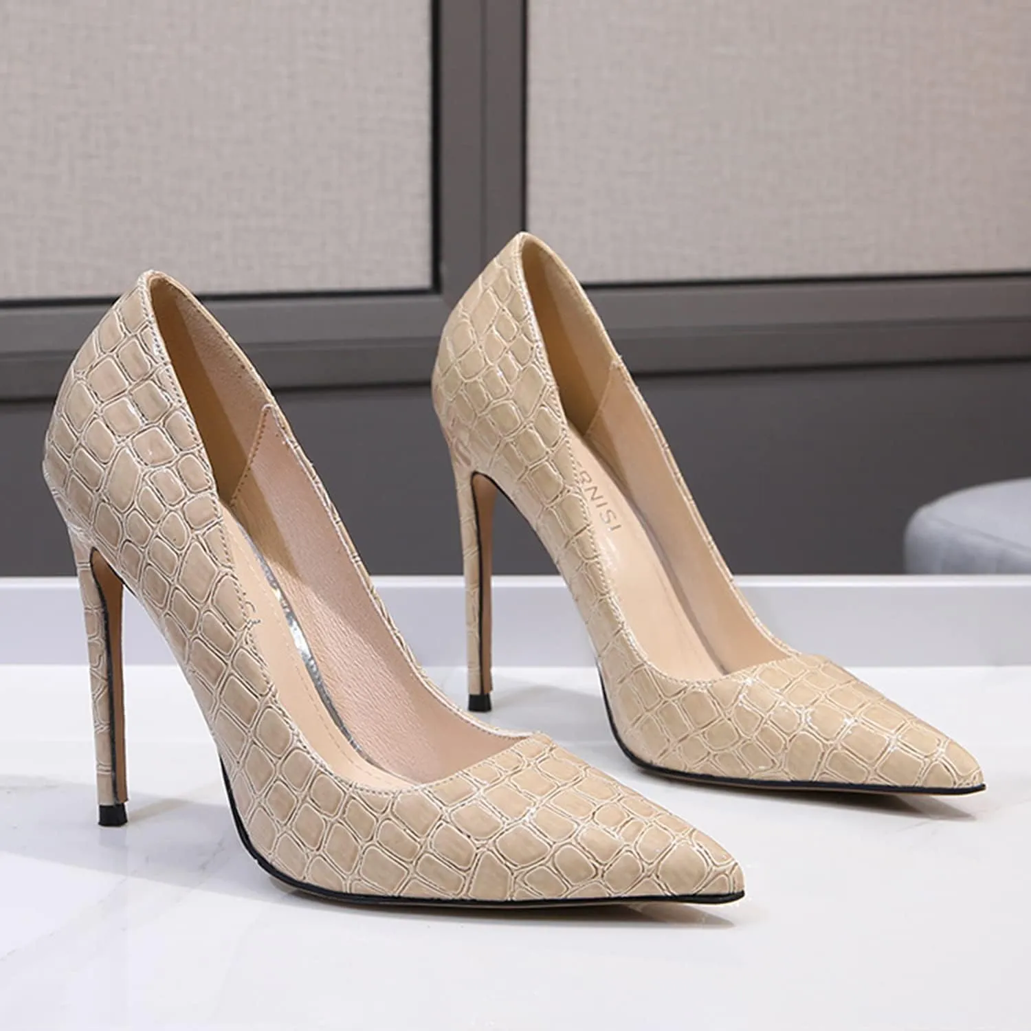 bbruriy Women's Fashion Pointed Toe High Heel French Embossed Pumps Sexy Slip on Stiletto Party Evening Dress Career Office Shoes