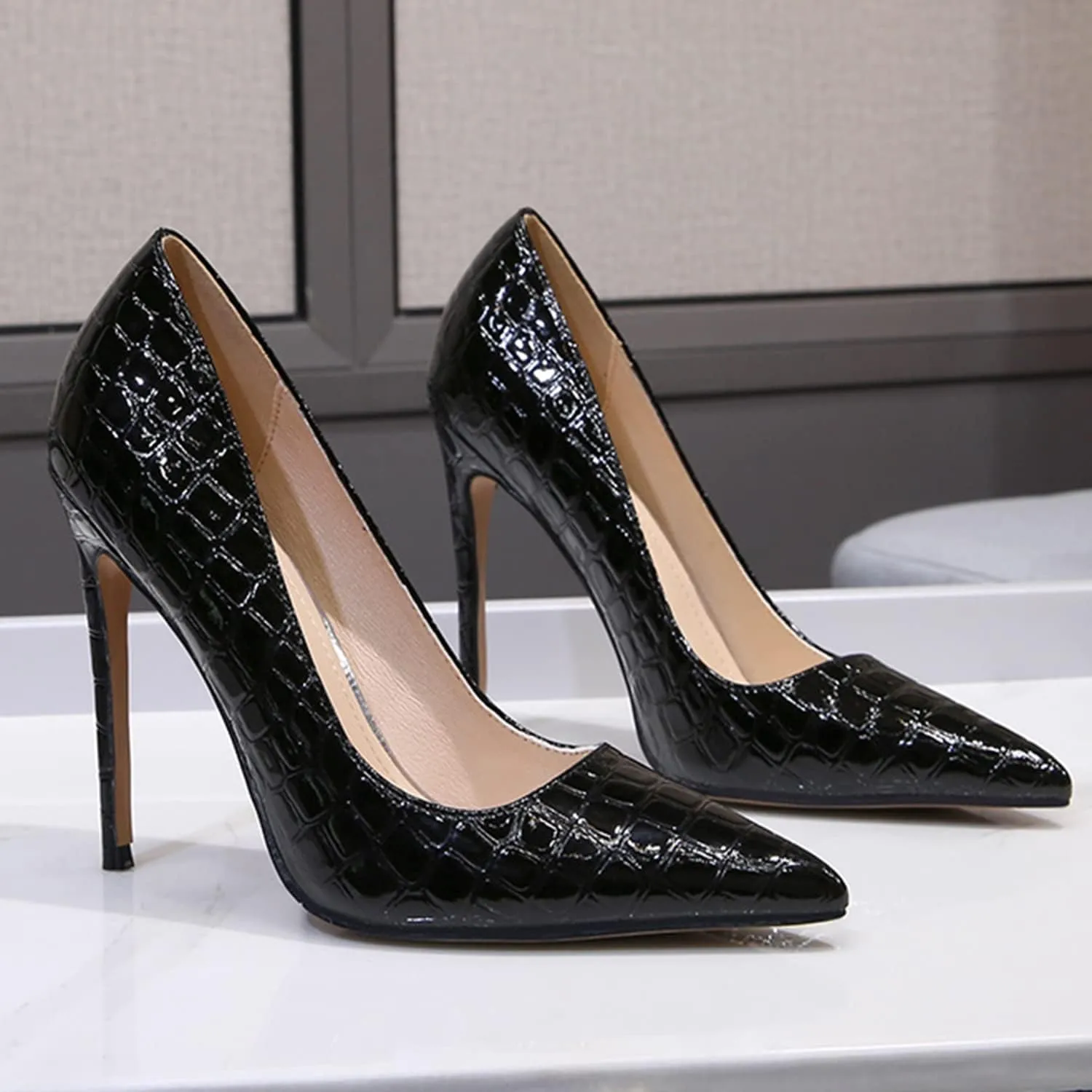 bbruriy Women's Fashion Pointed Toe High Heel French Embossed Pumps Sexy Slip on Stiletto Party Evening Dress Career Office Shoes
