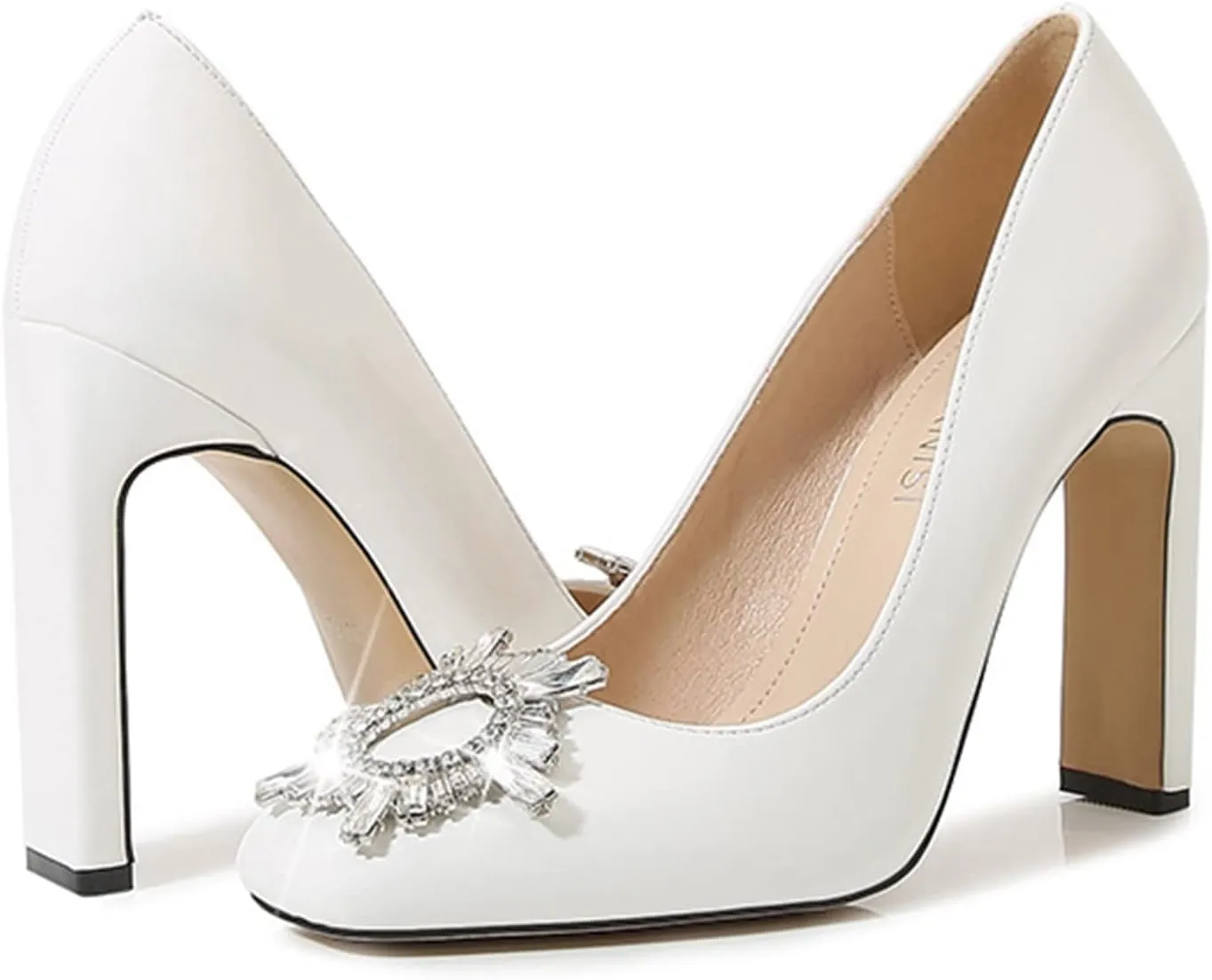 bbruriy Women's High Chunky Block Heel Pump Dress Heeled High Heels Square Toe Slip on Pumps with Rhinestone Square Buckle