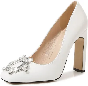 bbruriy Women's High Chunky Block Heel Pump Dress Heeled High Heels Square Toe Slip on Pumps with Rhinestone Square Buckle