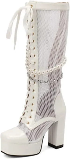 bbruriy Womens Mesh Platform Chunky Heel Knee High Boots Lace Up Back Zipper Square Toe Mid Claf Boots Decorate with Pearls and Chains Fashion Wedding Dress Shoes
