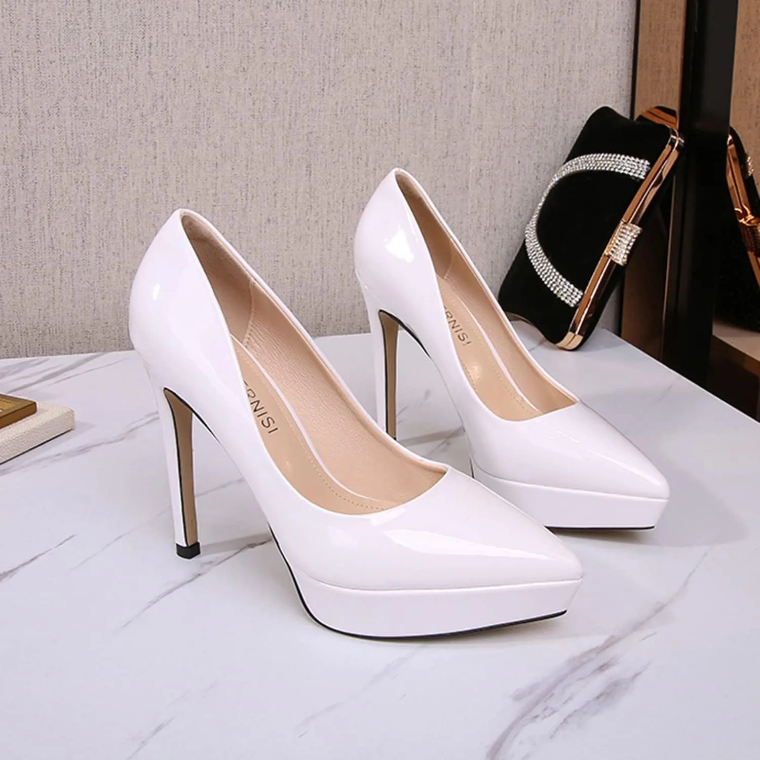bbruriy Women's Patent Leather High Heels Sexy Pointed Closed Toe Shoes Stilettos Slip on for Dress Wedding Party Prom